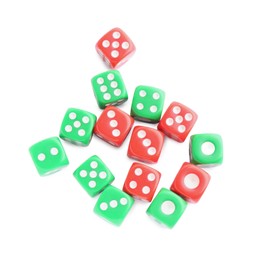 Many green and red game dices isolated on white, top view
