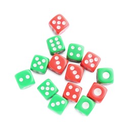 Photo of Many green and red game dices isolated on white, top view