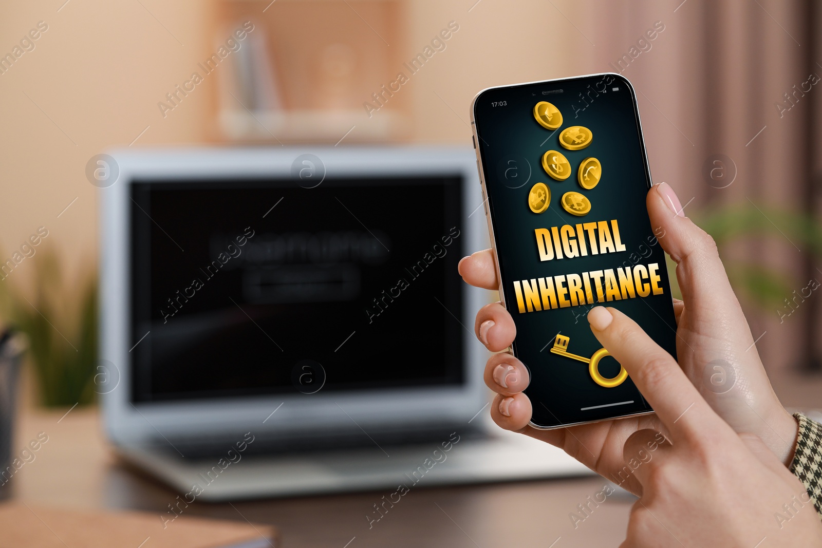 Image of Digital inheritance concept. Woman using mobile phone indoors, closeup. Text, illustrations of golden key and falling coins with currency symbols on device screen