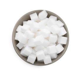 Photo of Sugar cubes in bowl isolated on white, top view