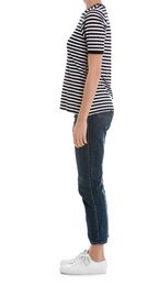 Photo of Young slim woman on white background, closeup. Weight loss