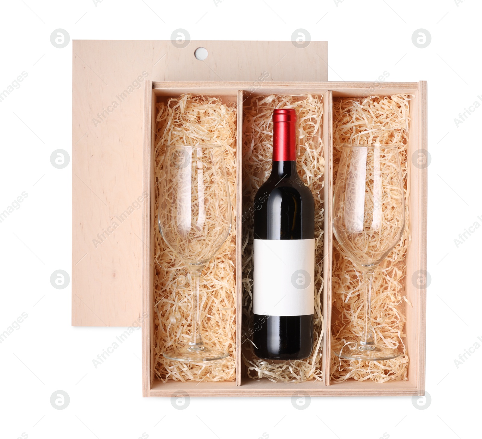 Photo of Wooden gift box with bottle of wine and glasses isolated on white, top view