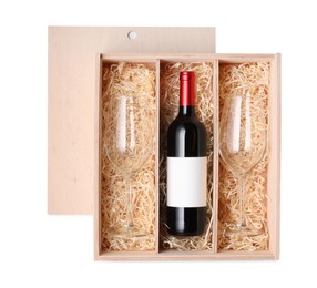 Photo of Wooden gift box with bottle of wine and glasses isolated on white, top view