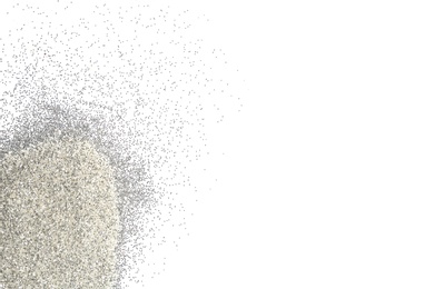 Photo of Heap of sparkling silver glitter on white background, top view