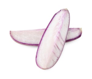 Photo of Pieces of purple daikon radish isolated on white