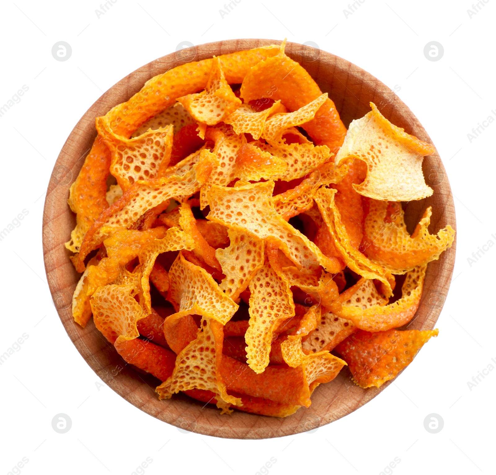 Photo of Dry orange peels in wooden bowl isolated on white, top view