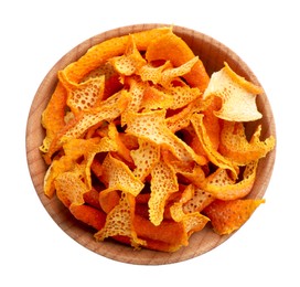 Dry orange peels in wooden bowl isolated on white, top view