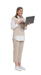 Photo of Senior woman using laptop on white background