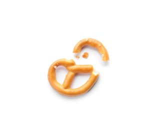 Photo of Broken crispy pretzel cracker isolated on white, top view