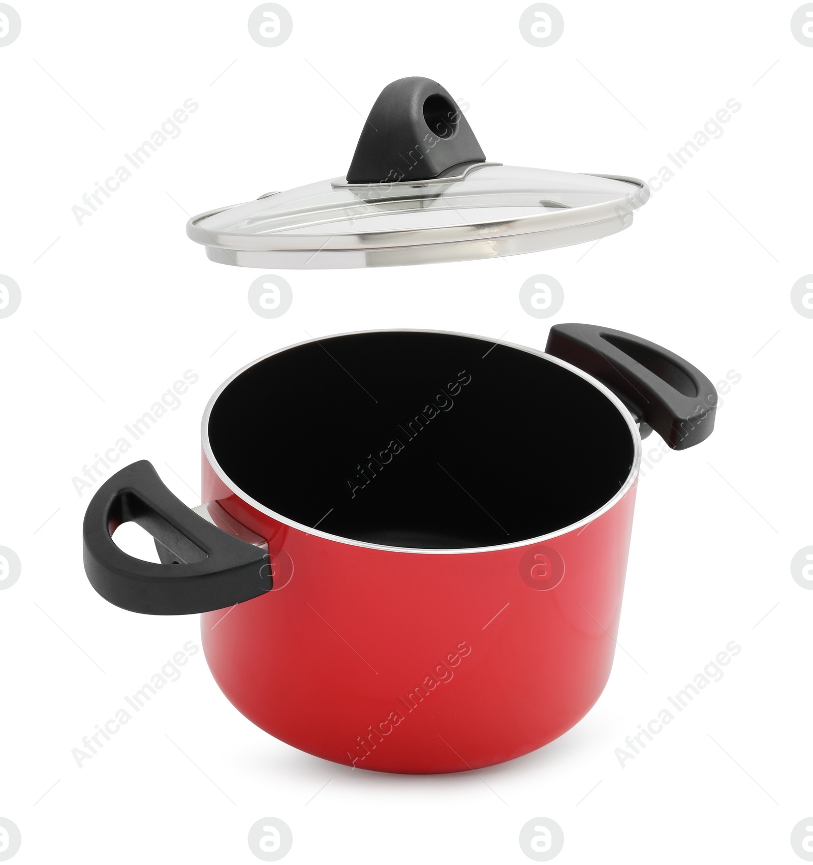 Photo of One red pot with glass lid isolated on white