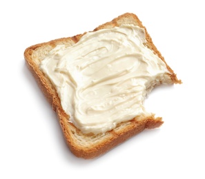 Photo of Bitten toast bread with cream cheese on white background