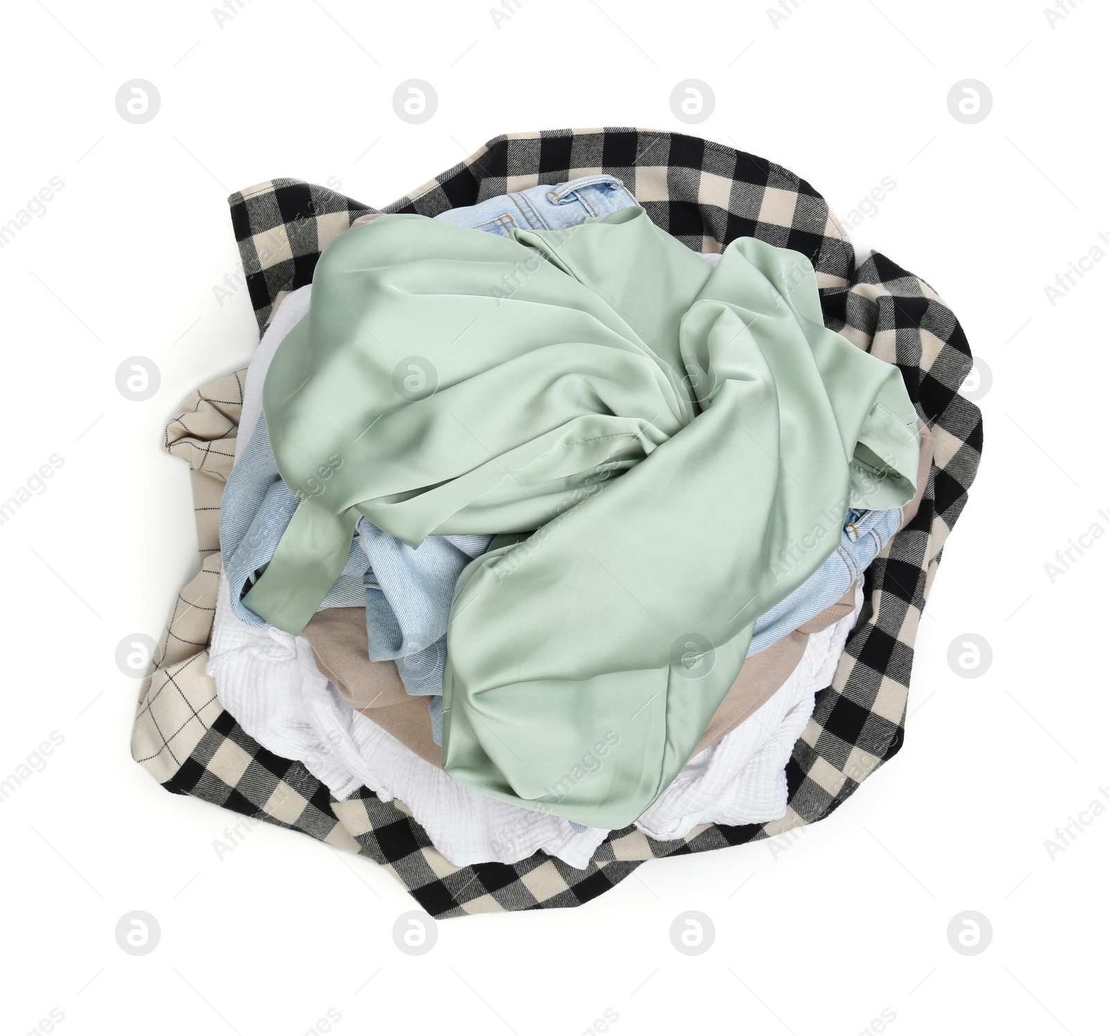 Photo of Pile of clothes isolated on white, top view