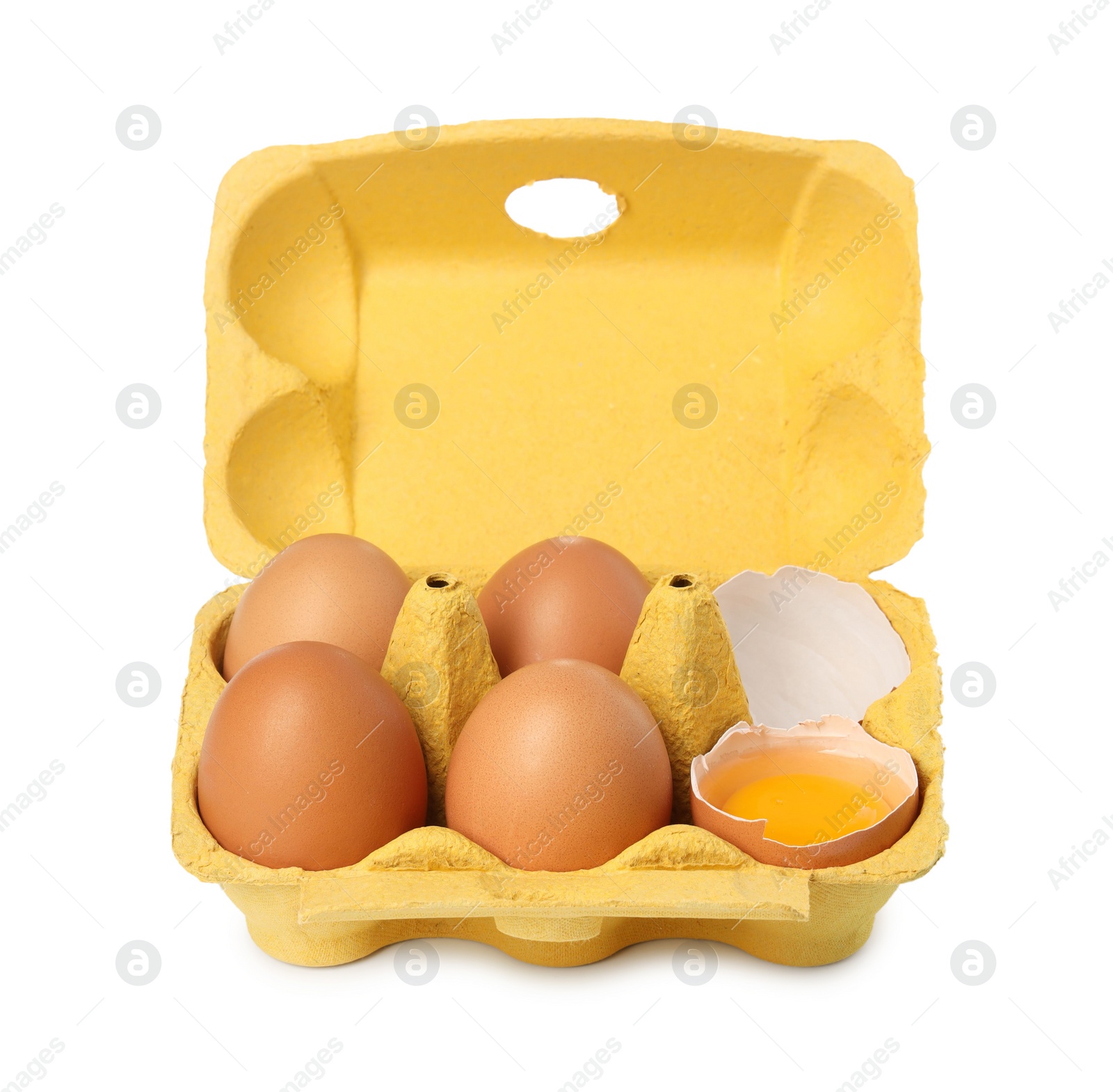 Photo of Chicken eggs in carton isolated on white