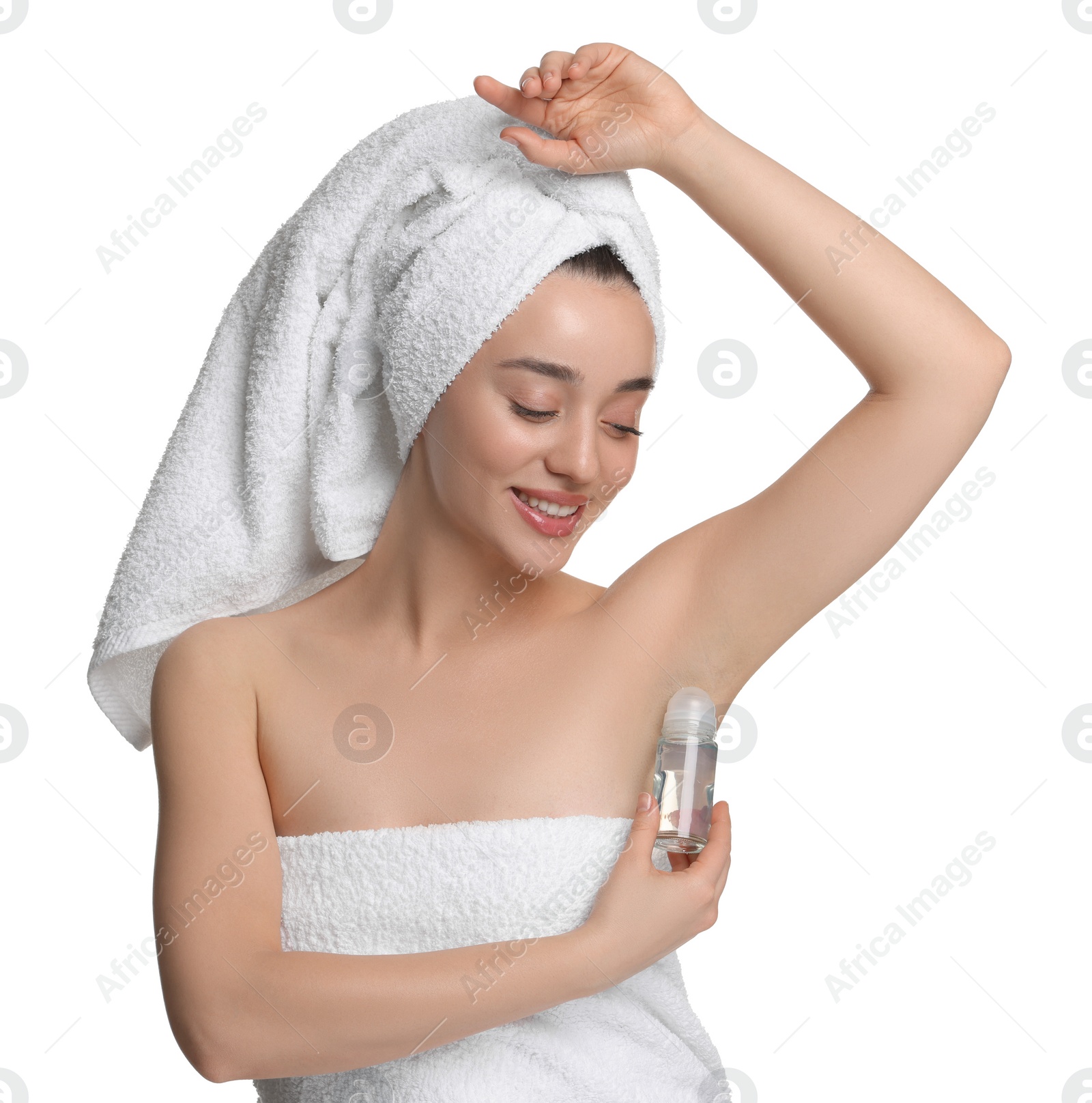 Photo of Beautiful woman applying deodorant on white background