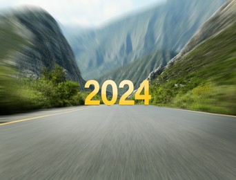 Image of Start of new 2024 year. Asphalt road leading to numbers, motion effect