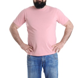 Overweight man isolated on white, closeup. Weight loss