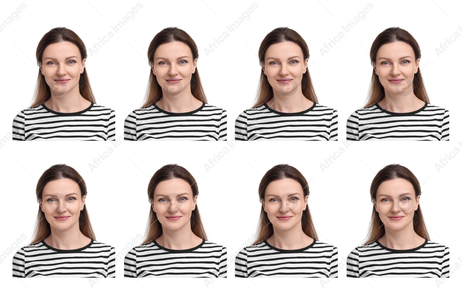 Image of Passport photo, collage. Woman on white background, set of photos