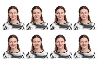 Passport photo, collage. Woman on white background, set of photos