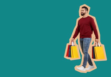 Image of Happy man with shopping bags on dark turquoise background, space for text