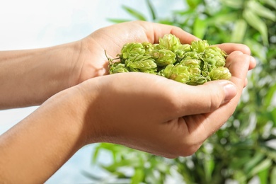 Woman holding fresh green hops on blurred background, closeup. Beer production