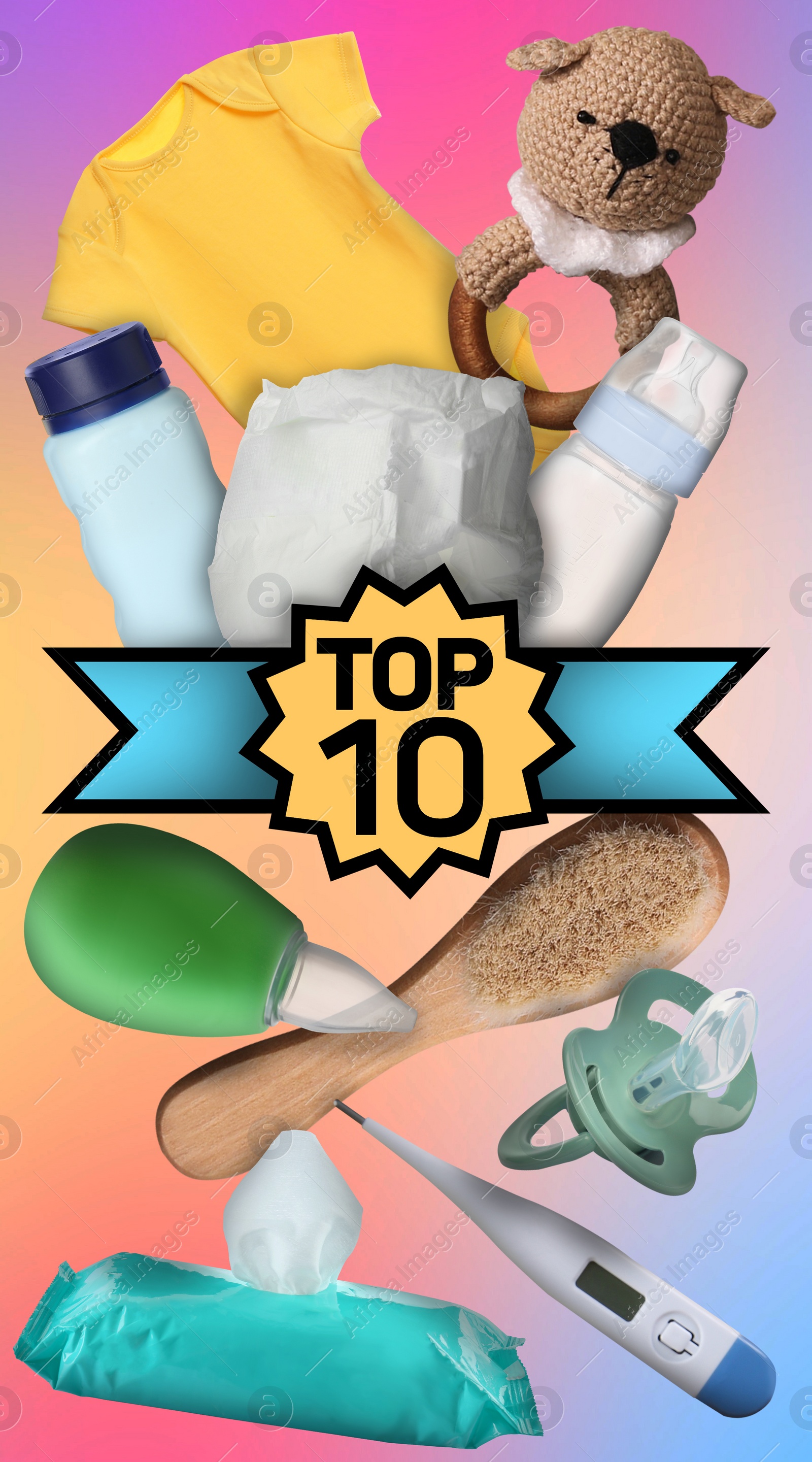Image of Top ten list of baby care products on colorful gradient background