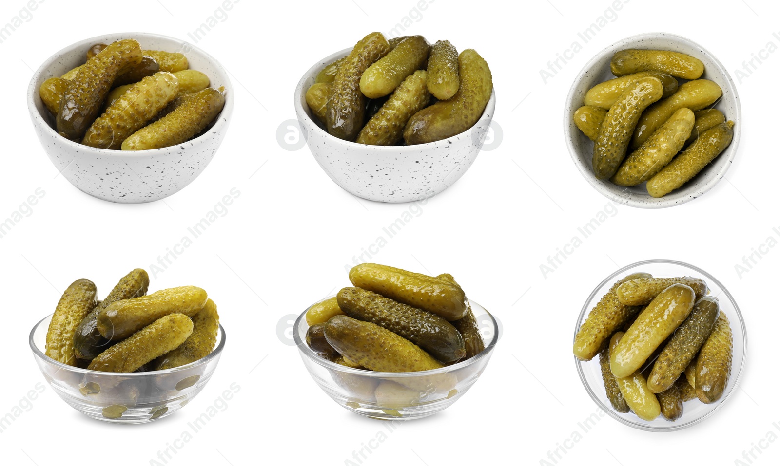 Image of Tasty pickled cucumbers in bowls isolated on white, set