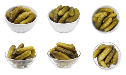 Image of Tasty pickled cucumbers in bowls isolated on white, set