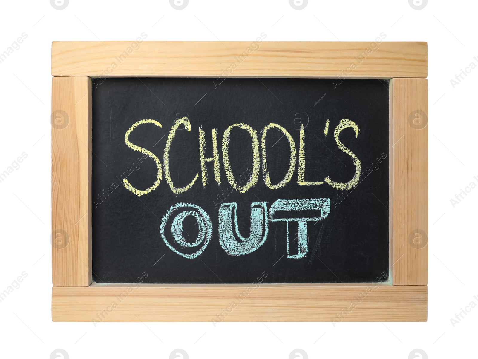 Photo of Chalkboard with text School's Out isolated on white. Summer holidays