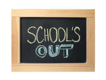 Photo of Chalkboard with text School's Out isolated on white. Summer holidays