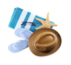 Different stylish beach accessories on white background, top view