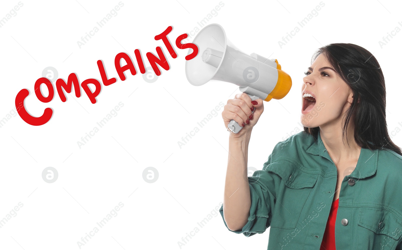 Image of Emotional woman with megaphone on white background. Word Complaints coming out from device