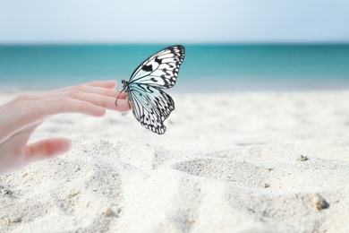 Image of Woman holding beautiful rice paper butterfly on sandy beach, closeup