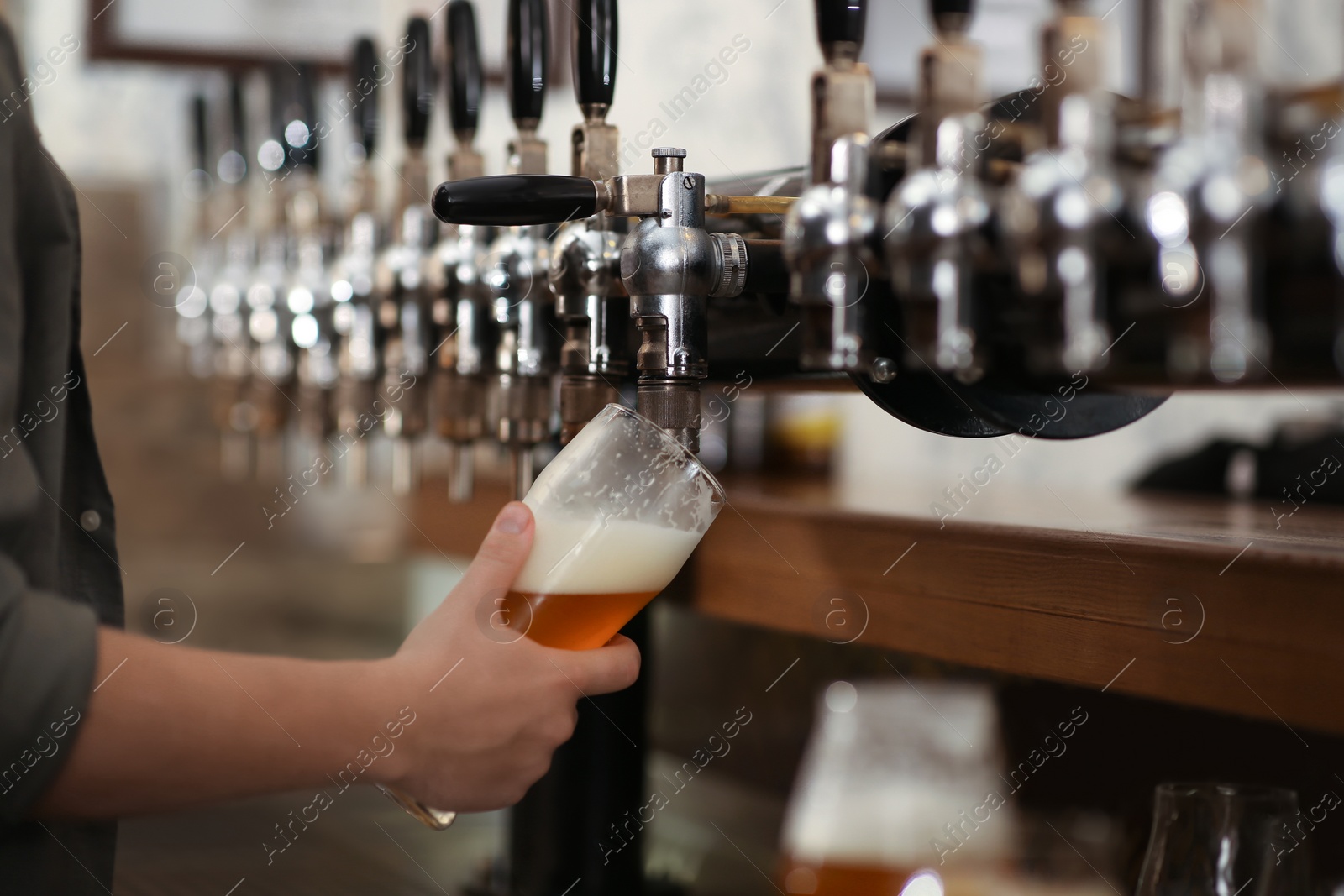 Photo of Bartender pouring fresh beer into glass in pub, closeup