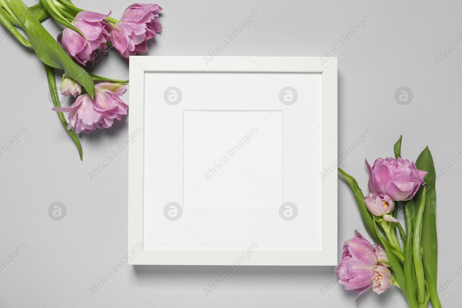 Photo of Empty photo frame and beautiful tulip flowers on light gray background, flat lay. Space for design