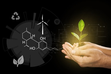 Illustration of chemical formula and man with his child holding soil with green plant in hands on black background, closeup