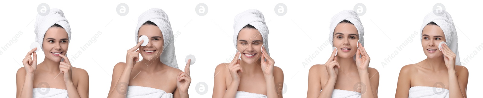 Image of Happy woman with cotton pads on white background, set of photos