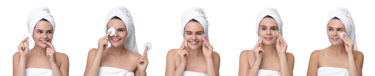 Image of Happy woman with cotton pads on white background, set of photos