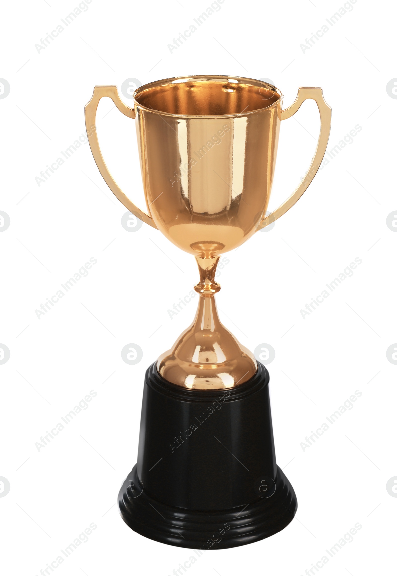 Photo of Shiny gold cup on white background. Winner's trophy