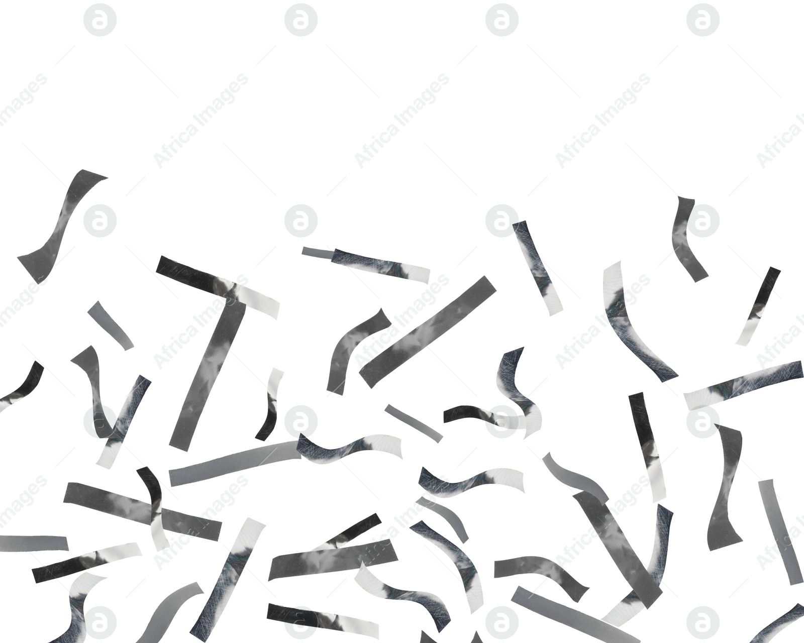 Image of Shiny silver confetti falling on white background