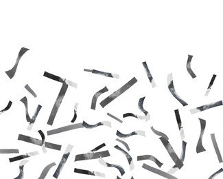 Image of Shiny silver confetti falling on white background