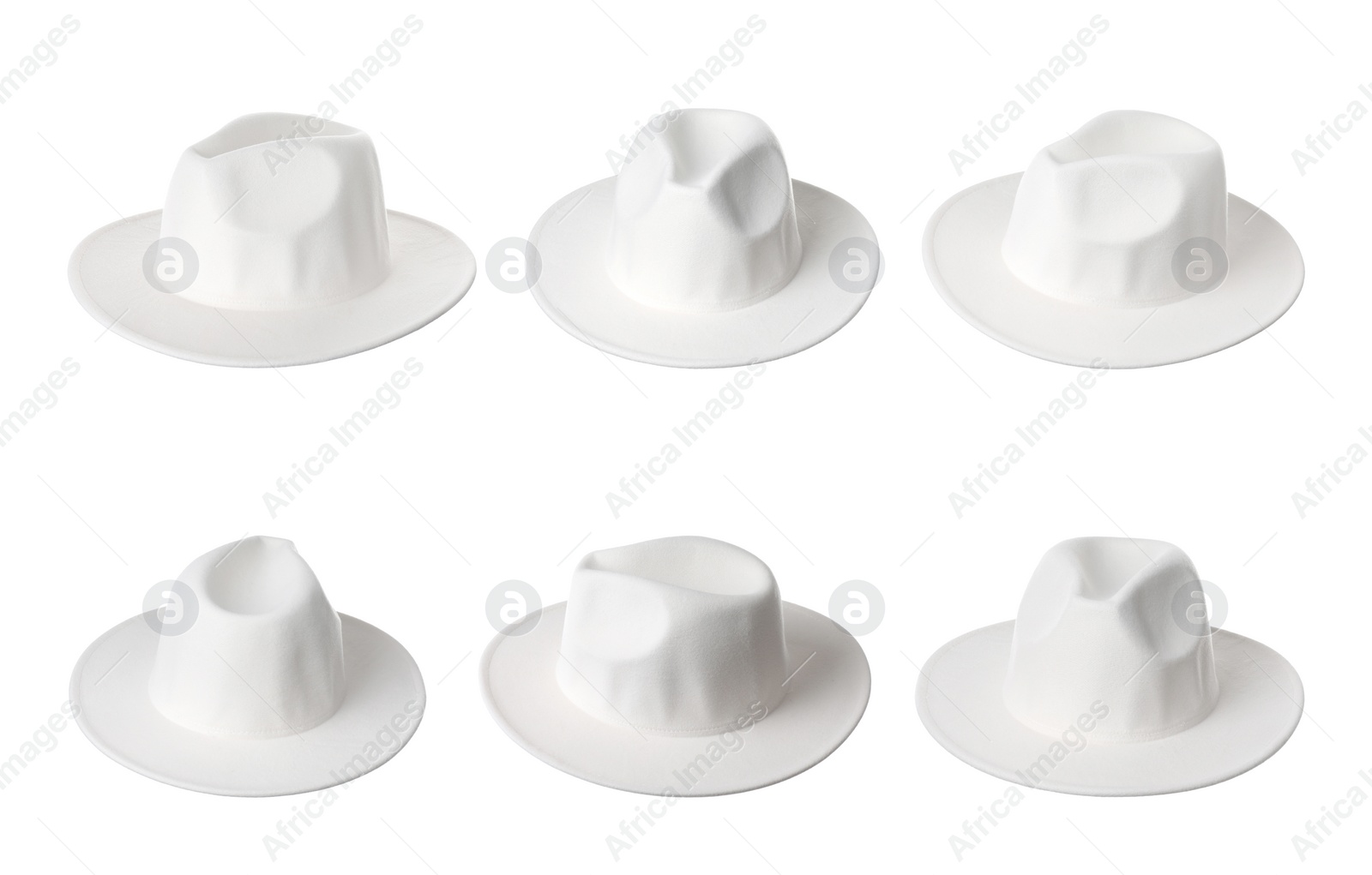 Image of Set with stylish hats on white background. Trendy headdress