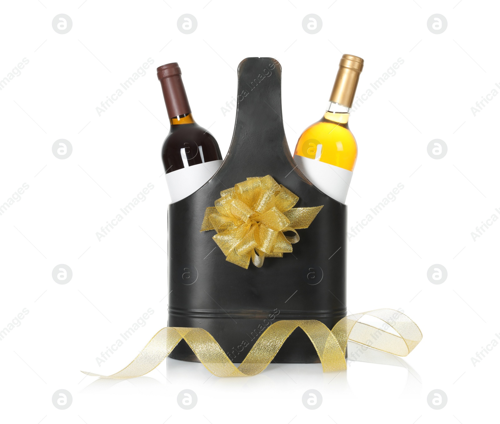 Photo of Festive package with bottles of wine on white background