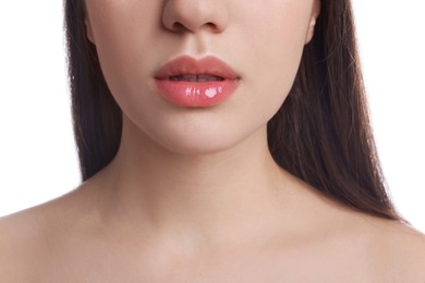 Photo of Closeup view of woman with beautiful full lips on white background