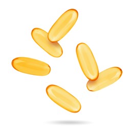 Image of Vitamin. Softgel capsules falling on white background