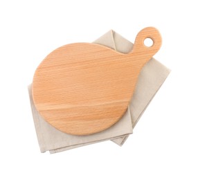 Photo of Wooden cutting board and napkin isolated on white, top view