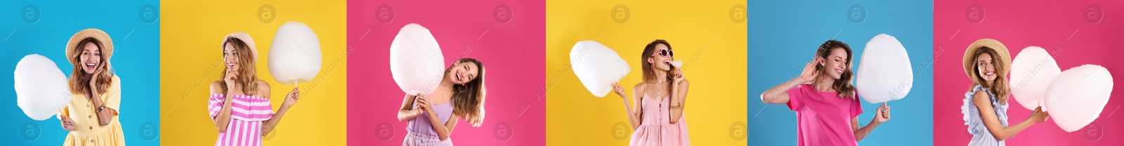 Image of Collage with photos of young woman holding cotton candy on color background. Banner design