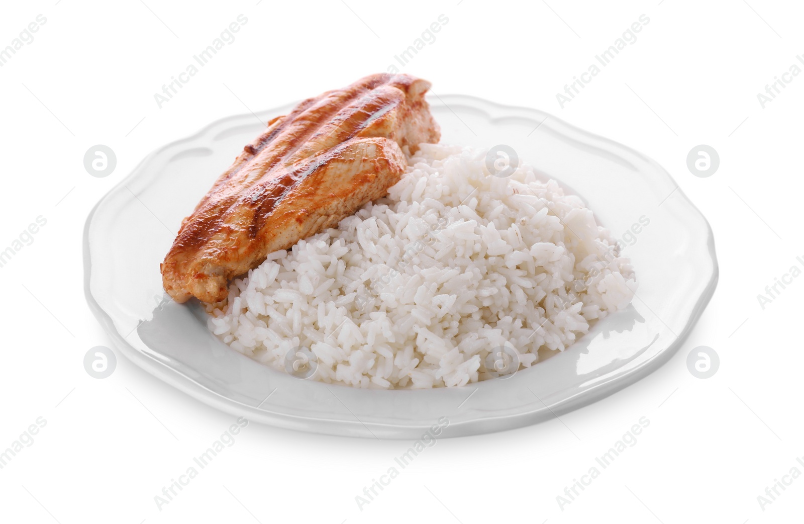 Photo of Plate with grilled chicken breast and rice isolated on white