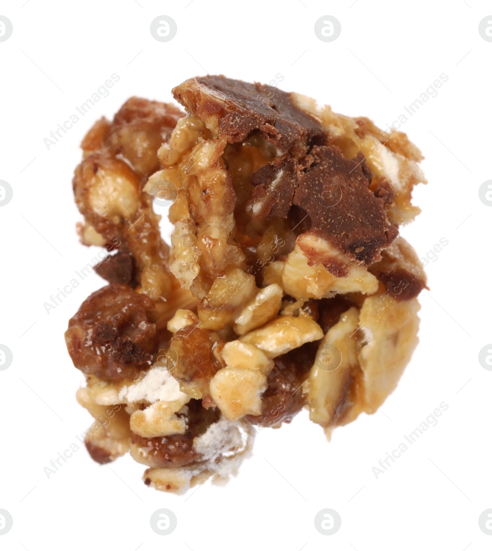 Photo of One piece of tasty granola bar isolated on white