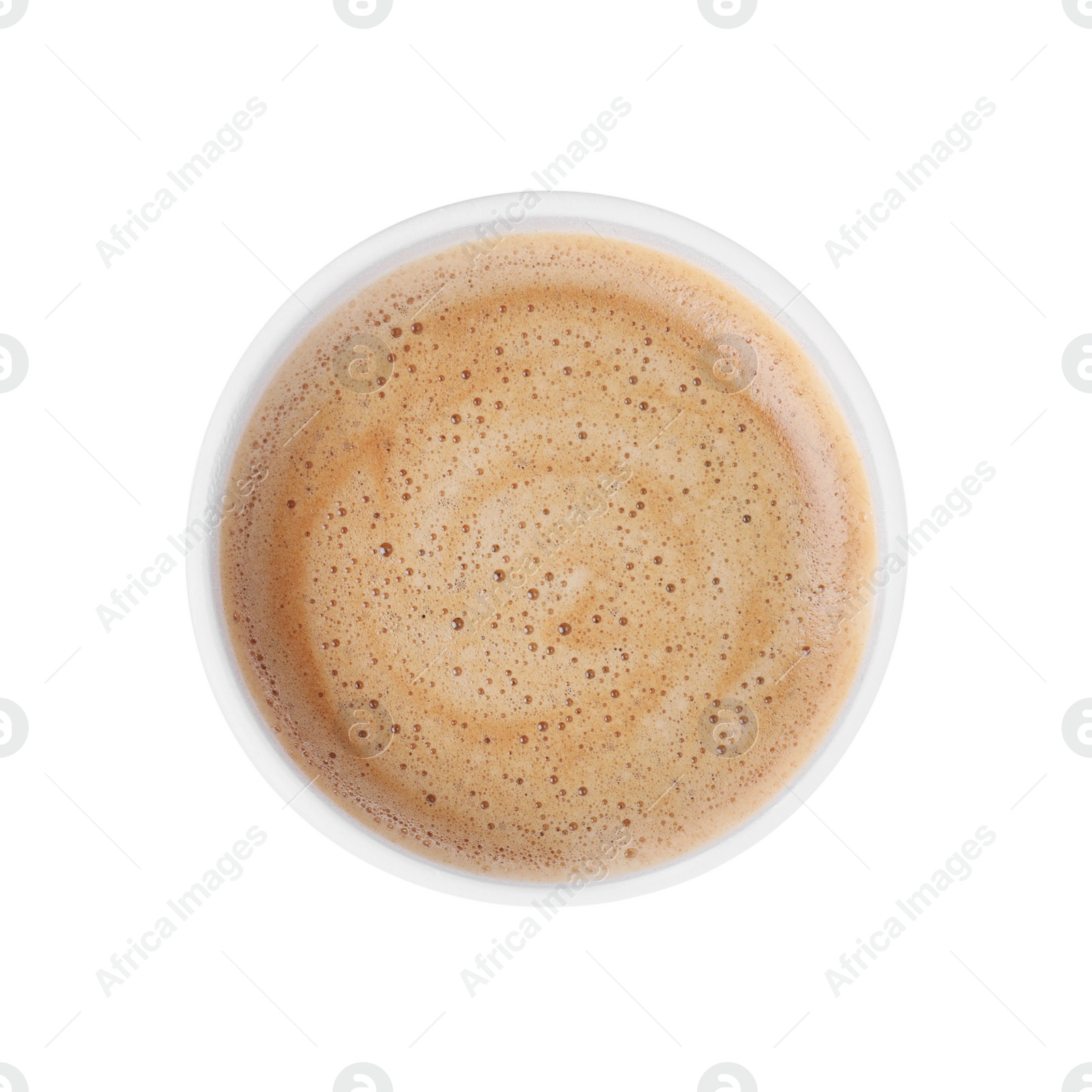 Photo of Styrofoam cup with coffee isolated on white, top view