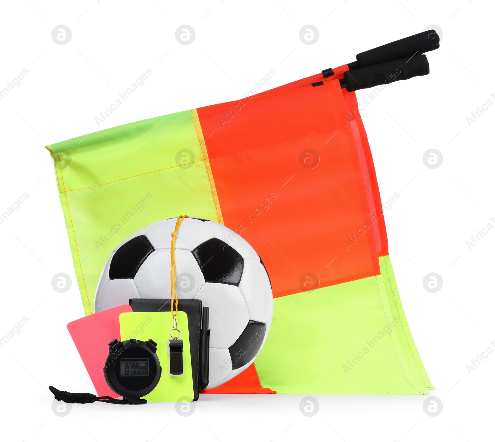 Photo of Football referee equipment. Soccer ball, flags, stopwatch, cards and whistle isolated on white